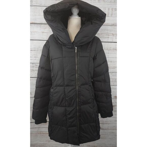 French Connection Jacket XL Black Asymmetrical Zip-Up Hooded Puffer Long NEW - Picture 1 of 8